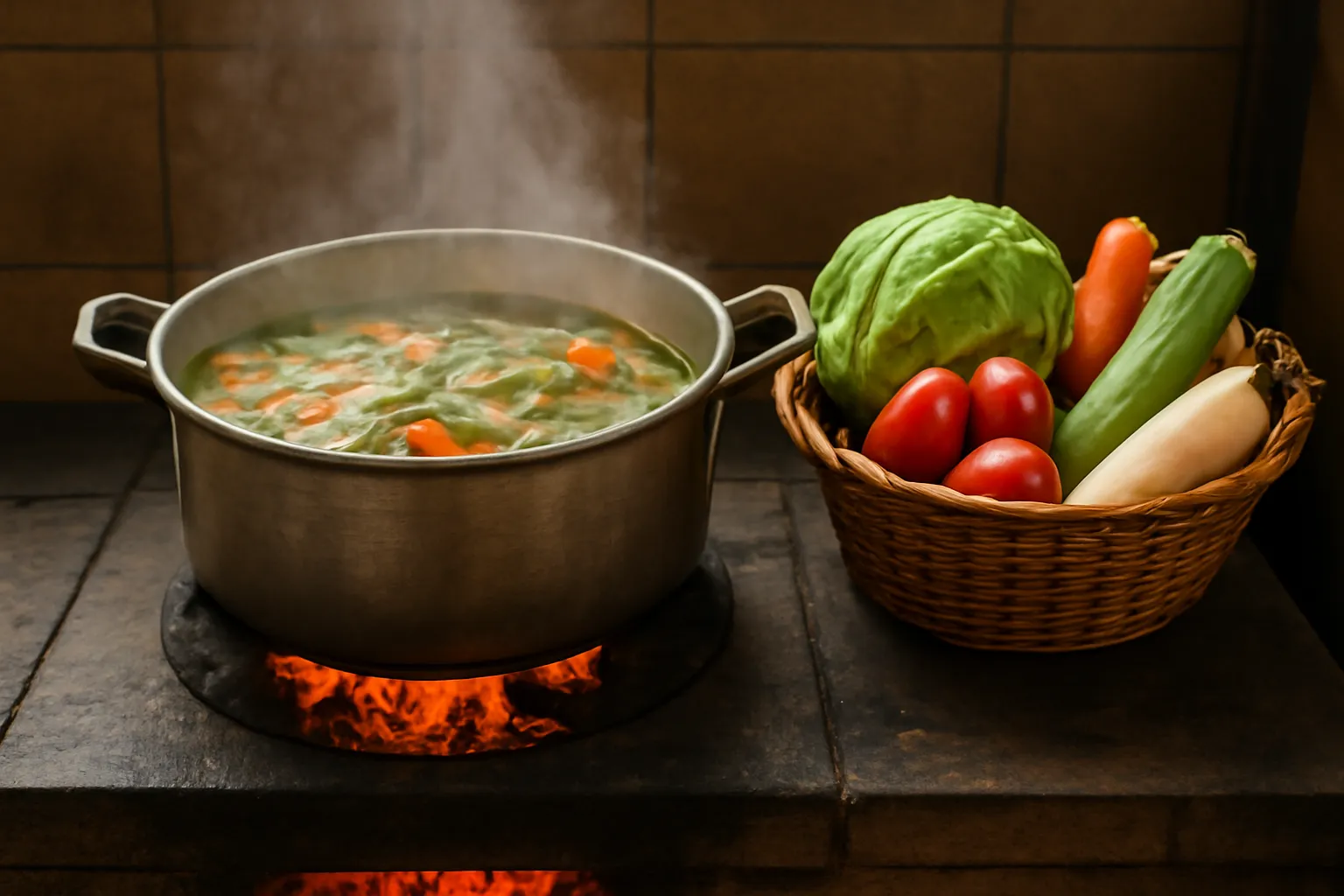 Nồi canh đang sôi trên bếp chùa với rổ rau bên cạnh