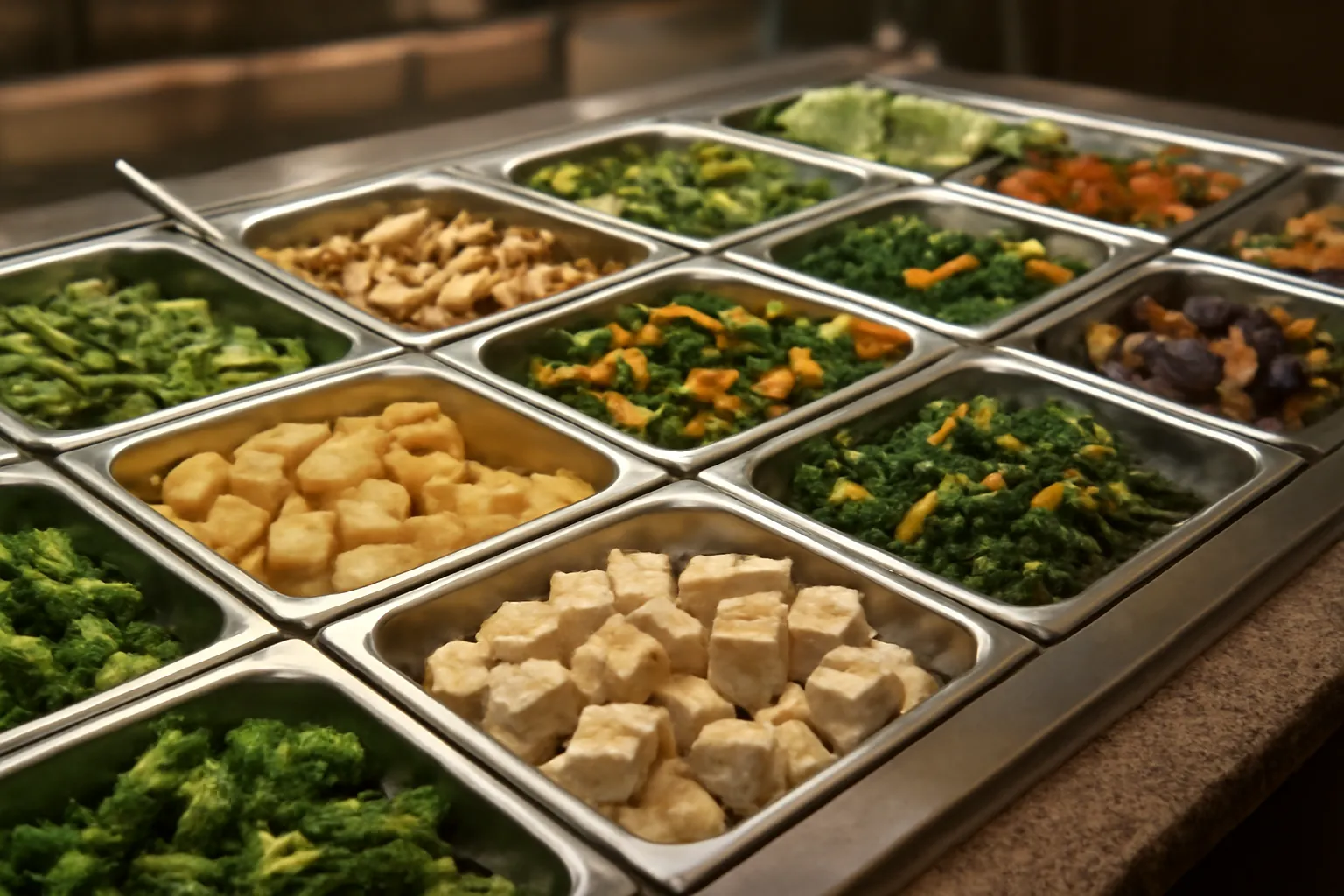 Quầy buffet chay với nhiều khay rau củ và đậu phụ