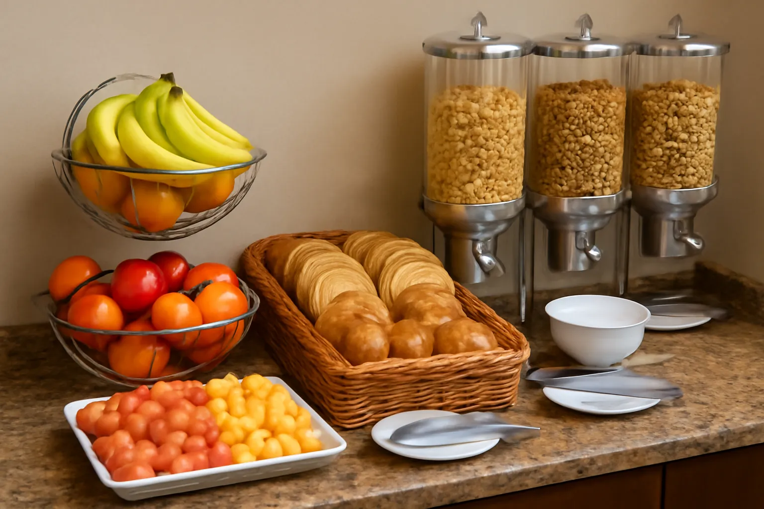 Quầy buffet sáng với trái cây, bánh mì và các hộp ngũ cốc