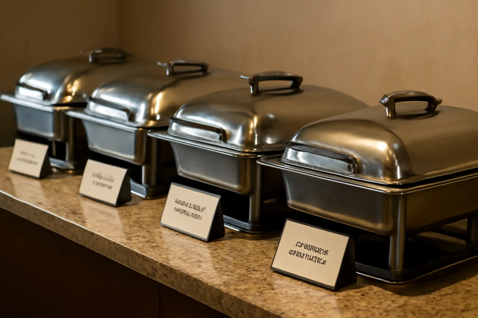Dãy khay hâm nóng trên quầy buffet với biển tên món