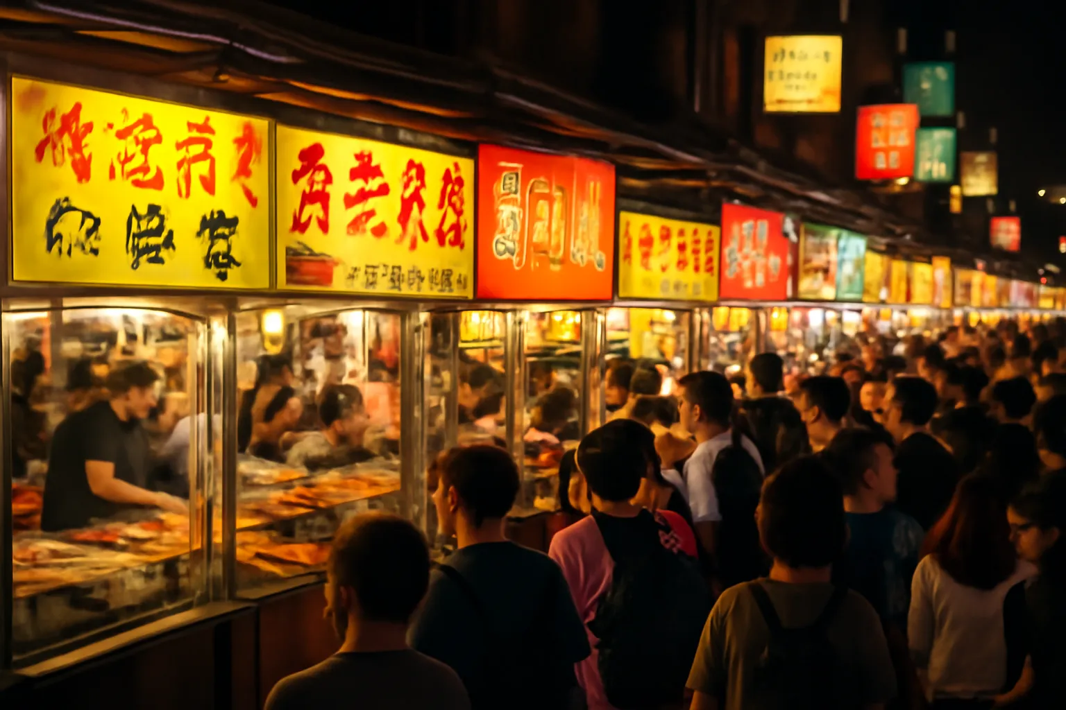 Dãy quầy hàng sáng đèn trong chợ đêm đông người