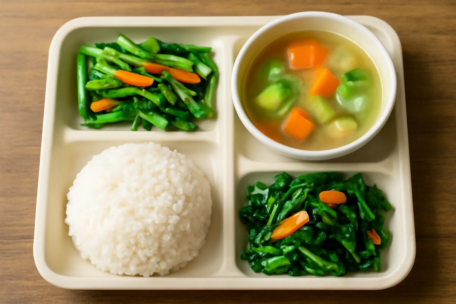Mâm cơm chay bày trên bàn với xôi, canh và rau