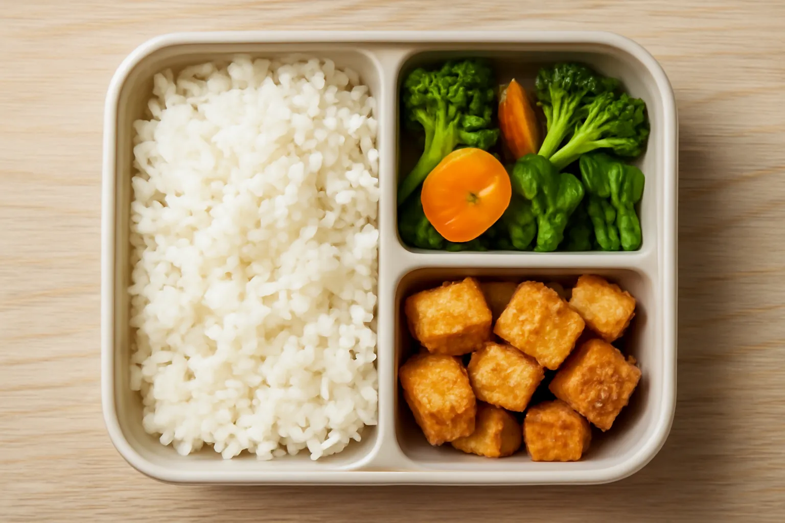 Hộp cơm chia ngăn với cơm, rau và đậu phụ