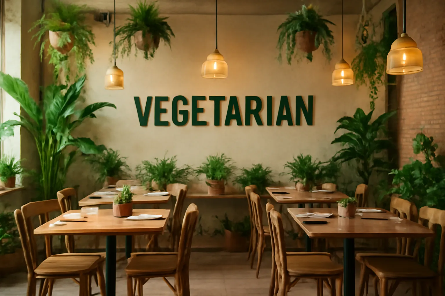 Không gian quán chay với bàn gỗ và cây xanh