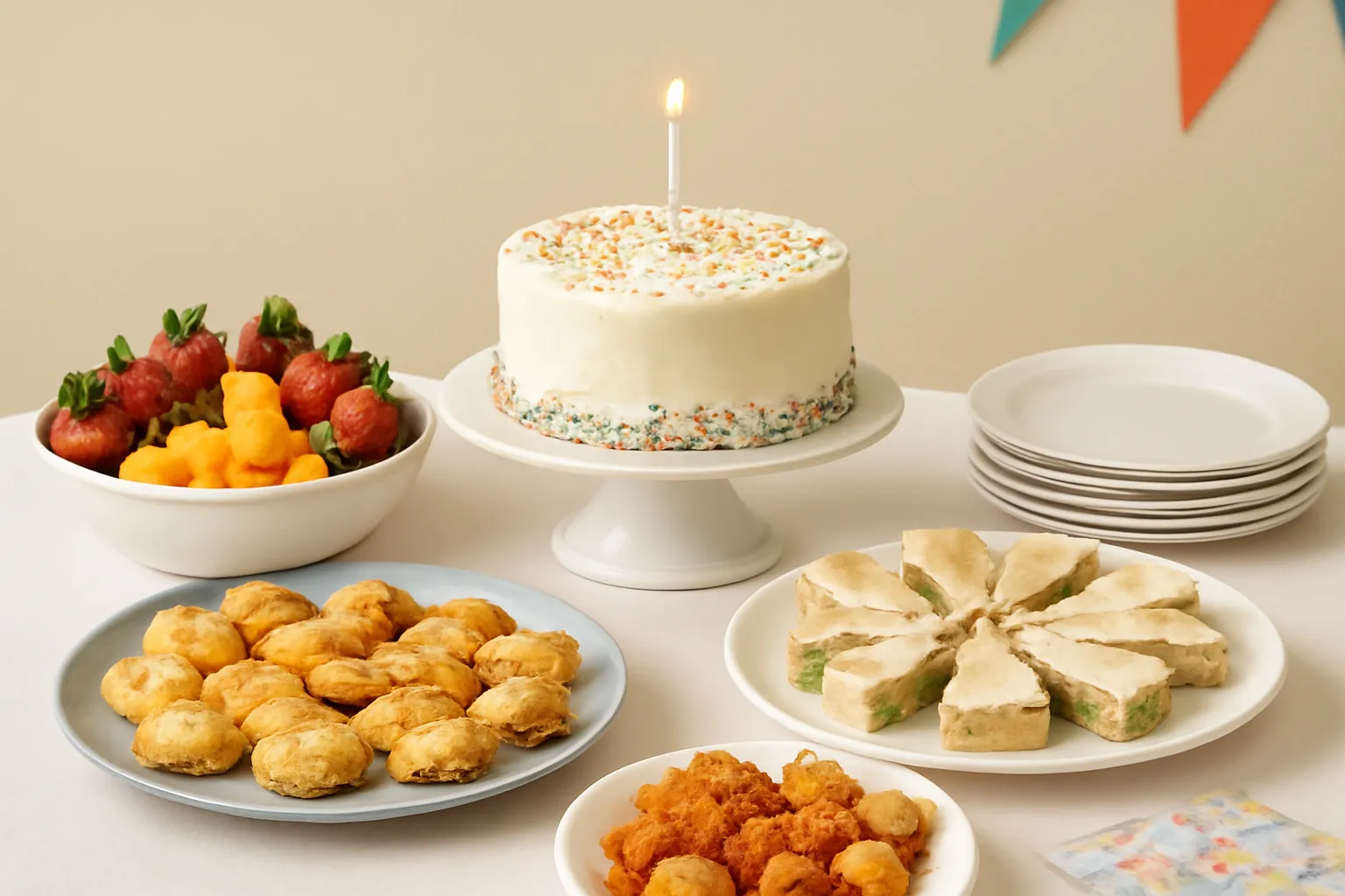 Bàn tiệc nhỏ với bánh, trái cây và các đĩa đồ ăn nhẹ