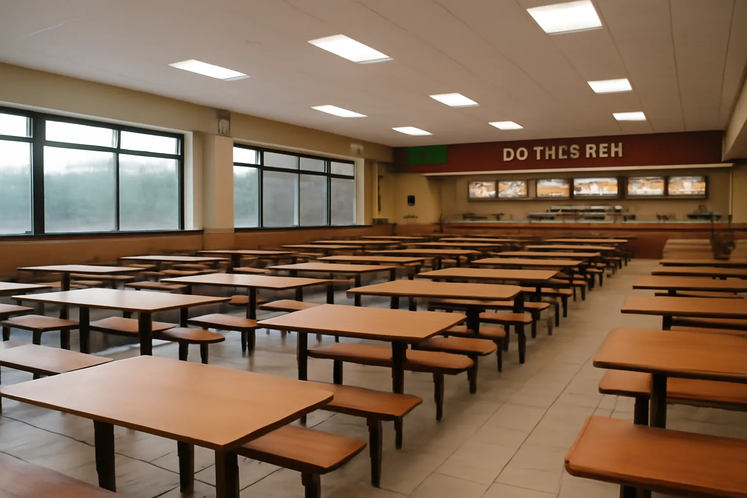 Quán ăn ở trạm dừng ven quốc lộ với dãy bàn dài